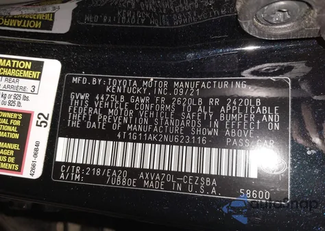 2022 Toyota Camry Se from USA, damaged, VIN 4T1G11AK2NU623116